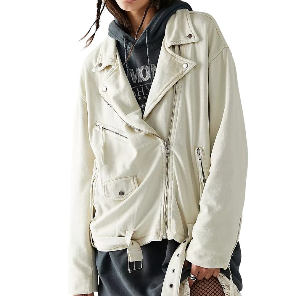We The Free Free People Womens Cream Rebel Rebel Knit Moto Jacket Size L NWT